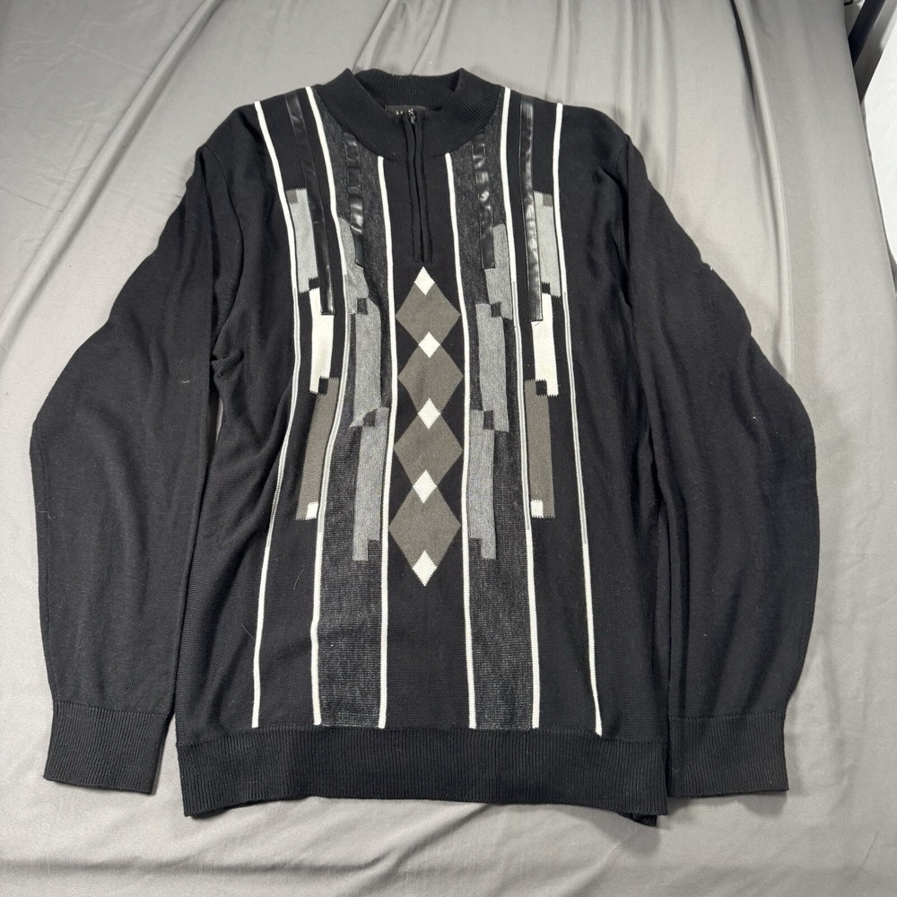 MIKO Sweater Mens 2XL Black Argyle Wool Acrylic 1/4 Zip Pullover Long Sleeve